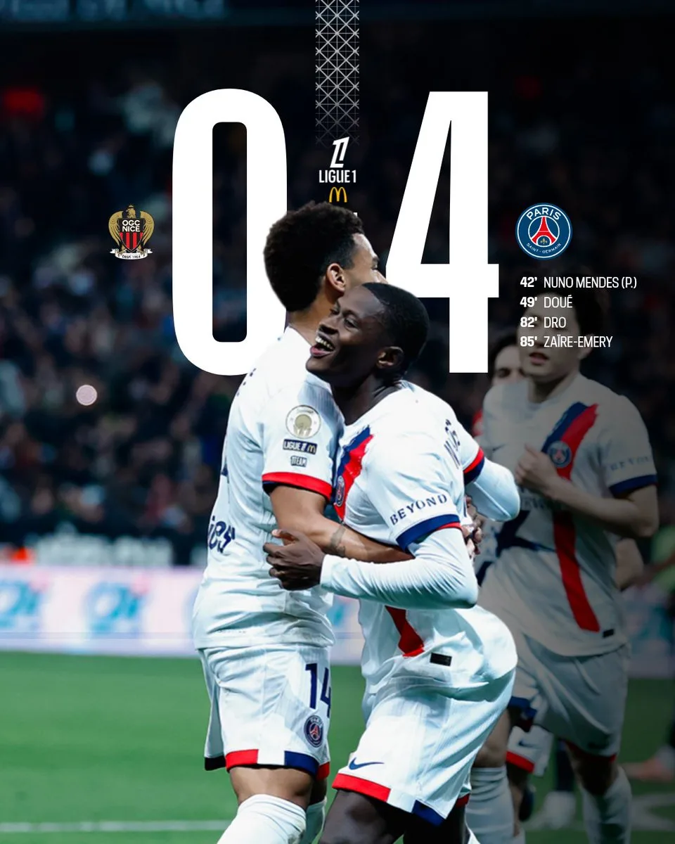 PSG Nice 4-0 résultat Ligue 1 27e journée mars 2026