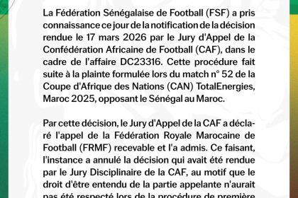 Communique officiel de la Federation Senegalaise de Football apres la decision de la CAF sur la CAN 2025