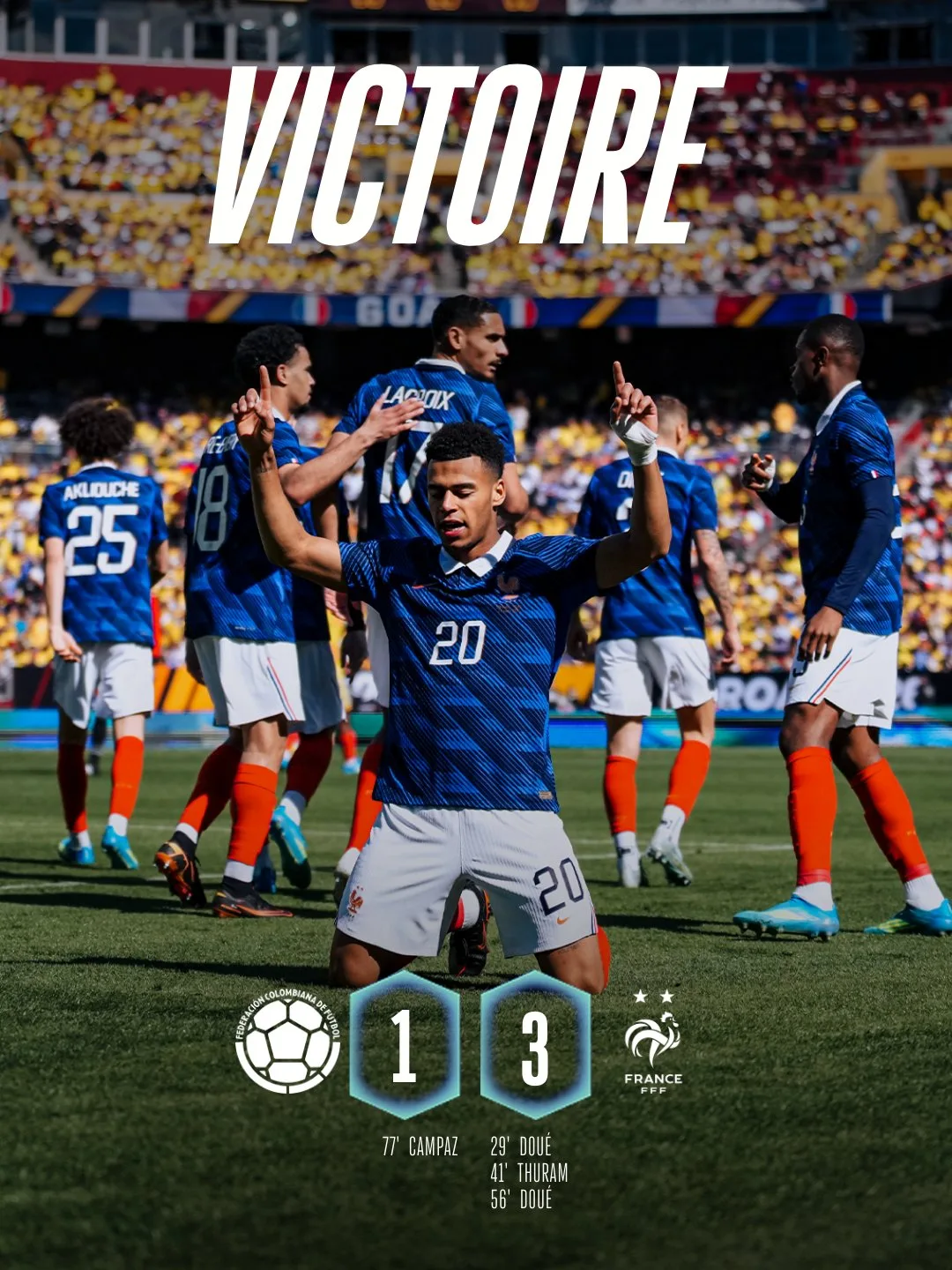Désiré Doué célèbre son doublé lors de Colombie 1-3 France, match amical 29 mars 2026