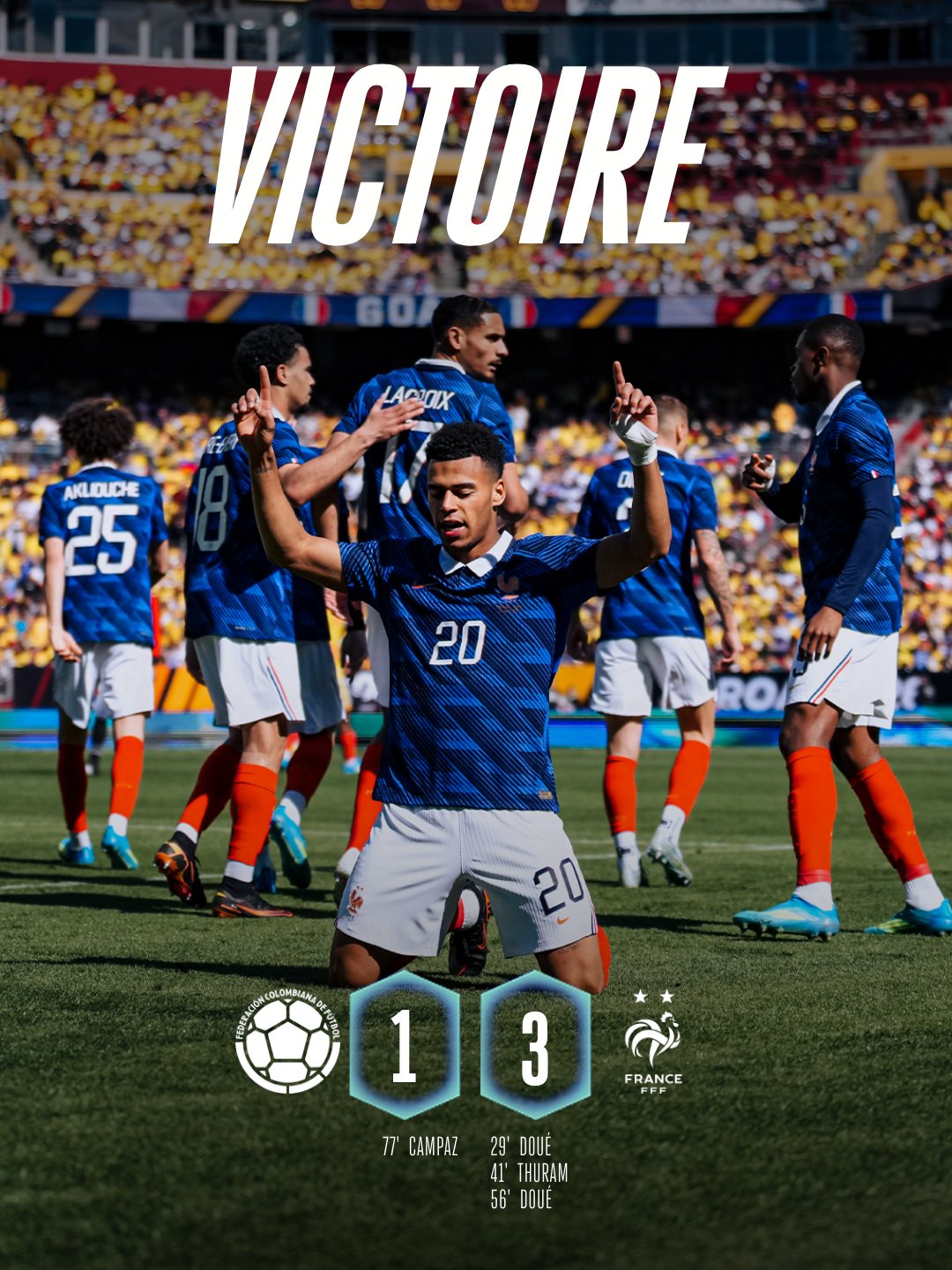 Désiré Doué célèbre son doublé lors de Colombie 1-3 France, match amical 29 mars 2026