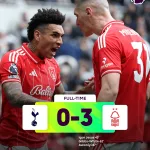 Vitor Pereira celebre sa premiere victoire en Premier League avec Nottingham Forest face a Tottenham