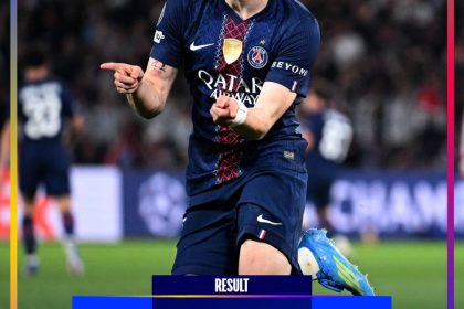 Doué et Kvaratskhelia célèbrent la victoire du PSG 2-0 contre Liverpool en Ligue des Champions 2026