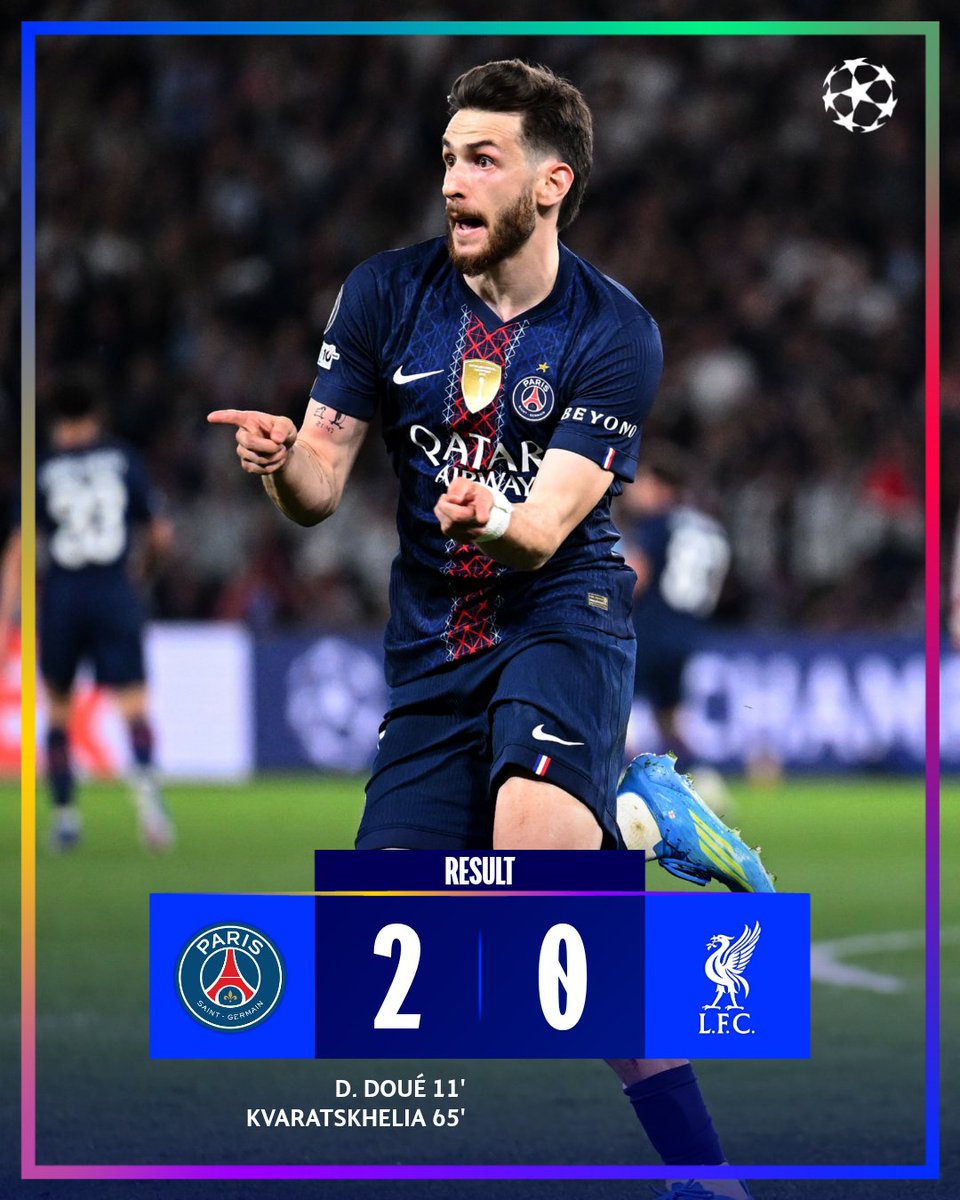 Doué et Kvaratskhelia célèbrent la victoire du PSG 2-0 contre Liverpool en Ligue des Champions 2026