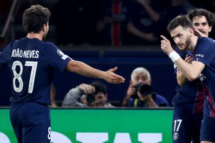 Joueurs du PSG célébrant un but contre Liverpool en quart de finale de Ligue des Champions 2026