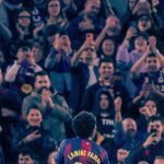 Lamine Yamal célèbre son but lors du derby Barca-Espanyol, match de la Liga avril 2026