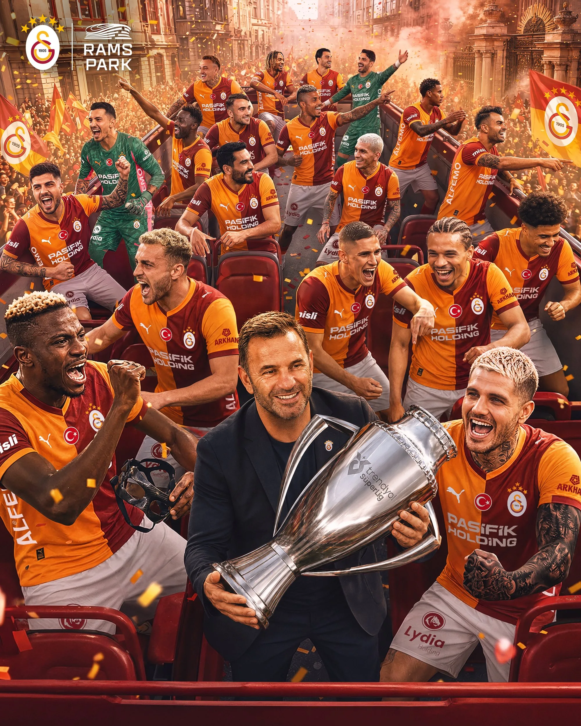 Joueurs de Galatasaray en celebration apres le 4e titre consecutif de champion de Turquie au RAMS Park 2026
