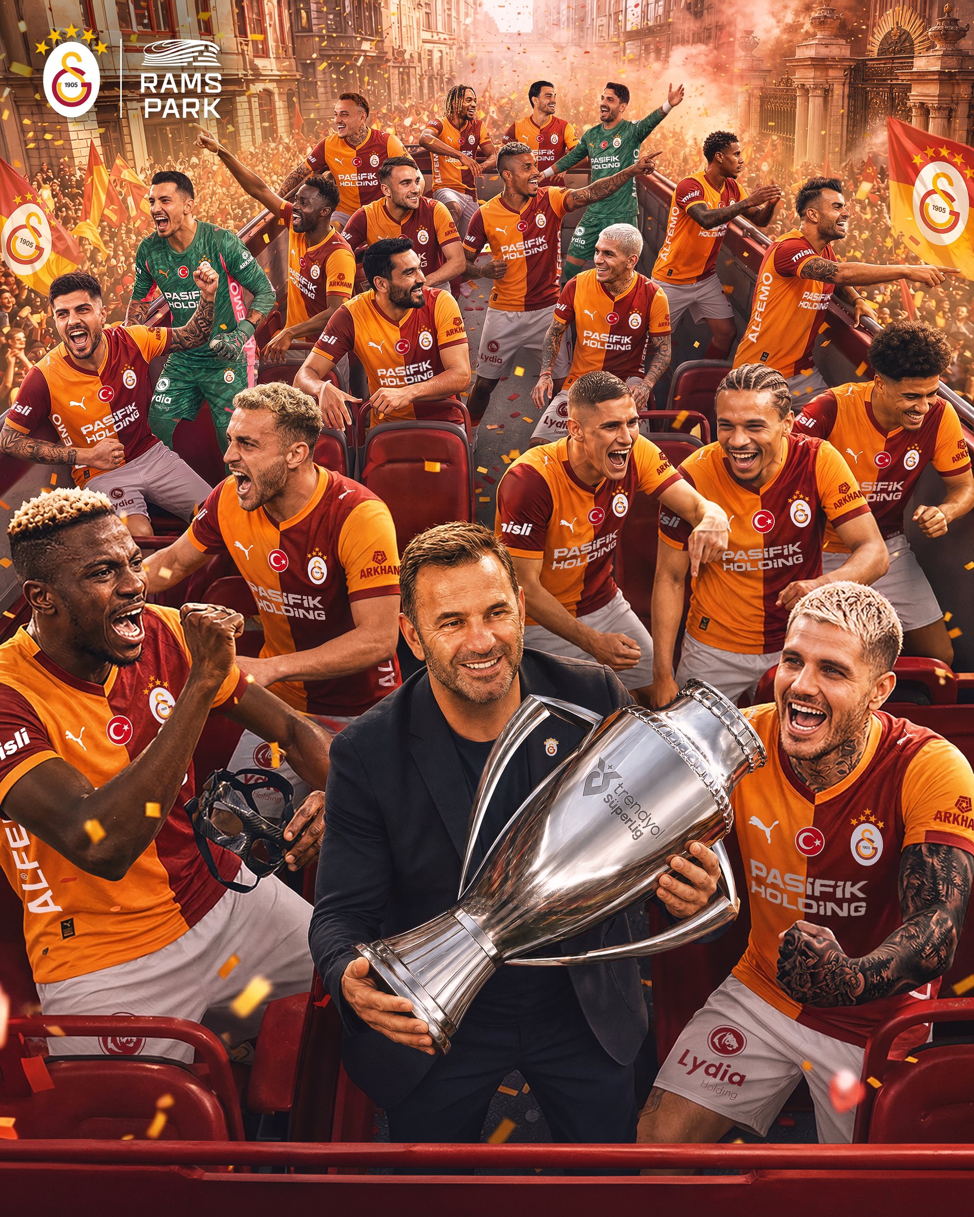 Joueurs de Galatasaray en celebration apres le 4e titre consecutif de champion de Turquie au RAMS Park 2026