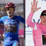 Vingegaard maillot rose sur le podium de l’étape 14 du Giro 2026 à Pila