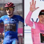 Vingegaard maillot rose sur le podium de l’étape 14 du Giro 2026 à Pila