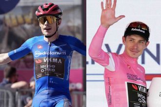 Vingegaard maillot rose sur le podium de l’étape 14 du Giro 2026 à Pila