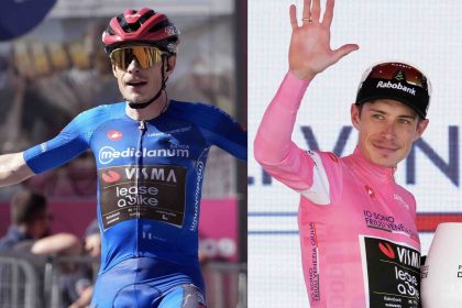 Vingegaard maillot rose sur le podium de l’étape 14 du Giro 2026 à Pila