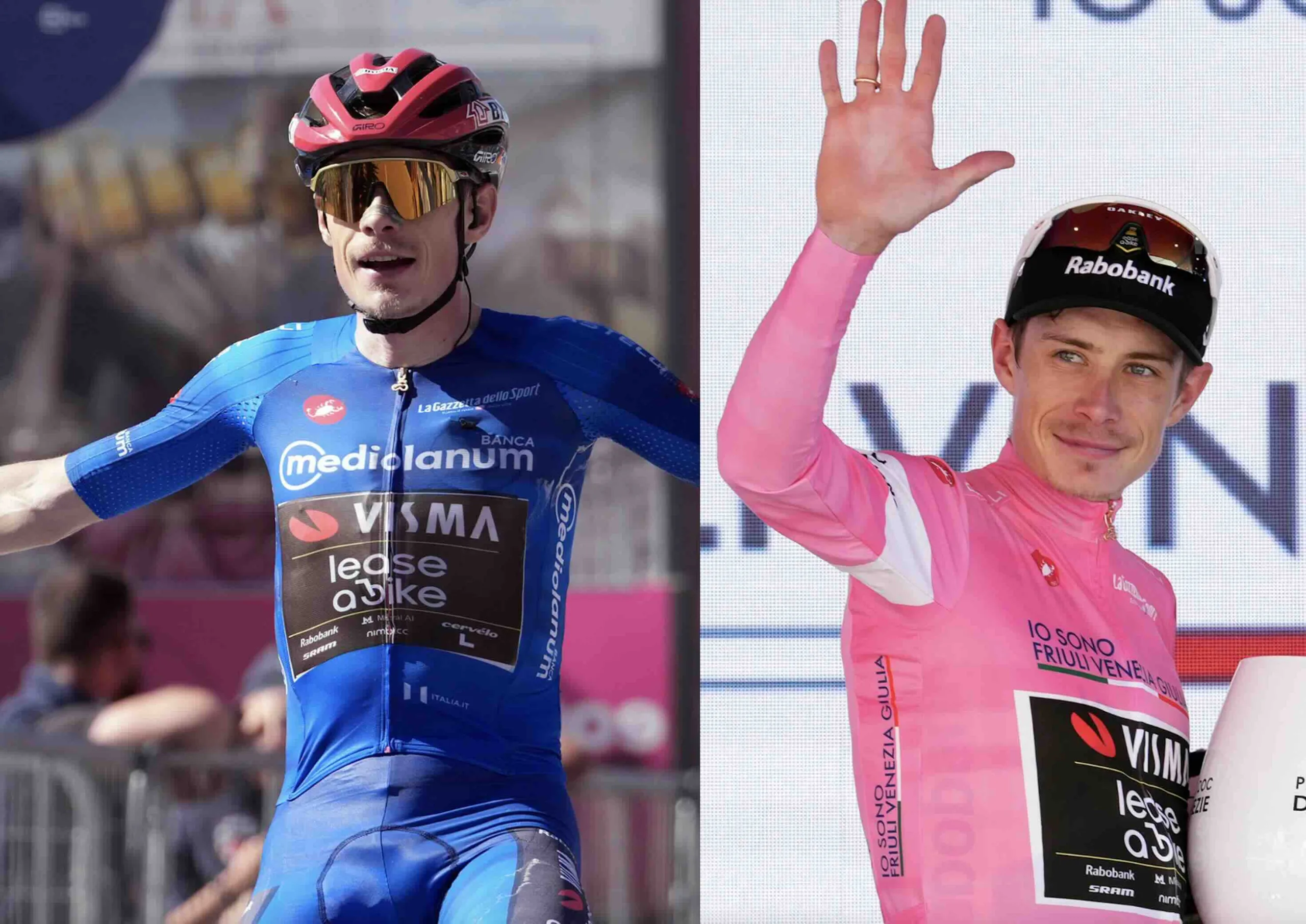 Vingegaard maillot rose sur le podium de l’étape 14 du Giro 2026 à Pila