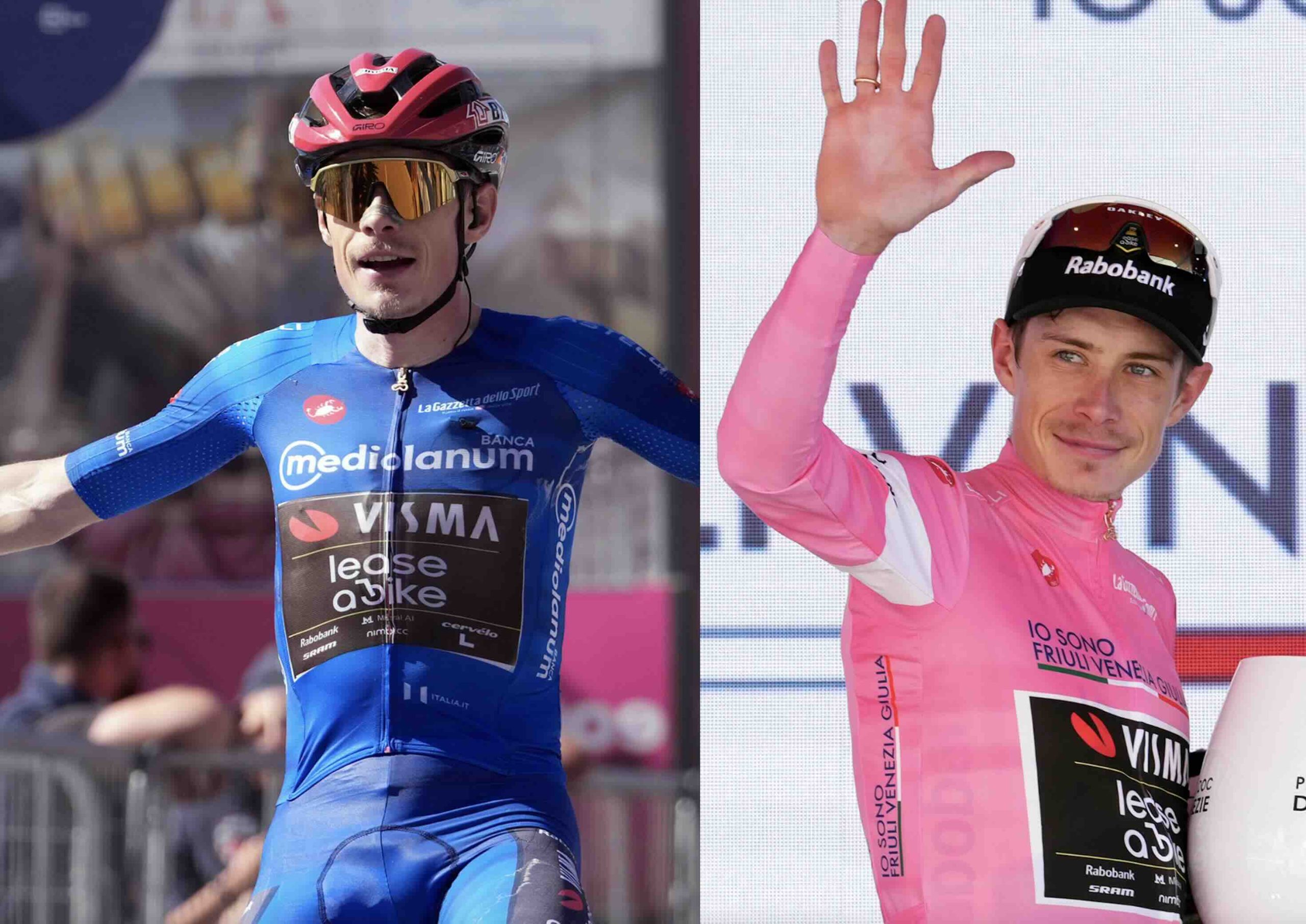 Vingegaard maillot rose sur le podium de l’étape 14 du Giro 2026 à Pila