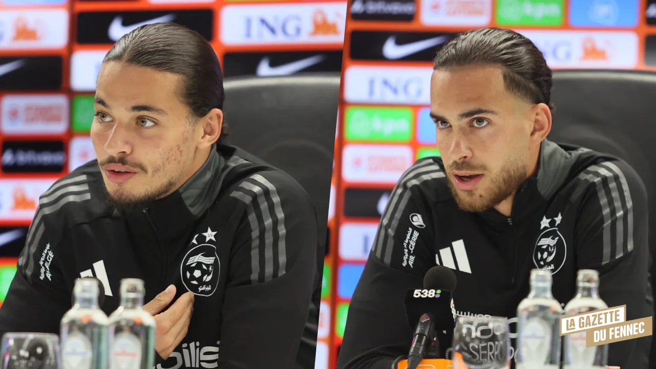 Anis Hadj Moussa et Ramiz Zerrouki en conférence de presse avant Pays-Bas - Algérie, match amical du 3 juin 2026 à Rotterdam
