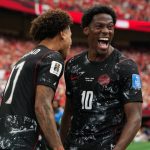 Jonathan David célèbre son triplé lors de Canada-Qatar (6-0) à la Coupe du monde 2026