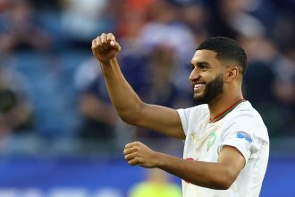 Joueur du Maroc célèbre la victoire face à l’Écosse au Mondial 2026