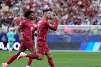 Cristiano Ronaldo célèbre un but du Portugal face à l'Ouzbékistan à la Coupe du monde 2026