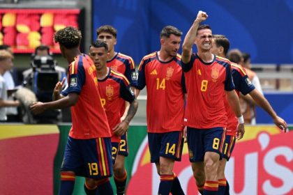 Joueurs de l'Espagne célébrant un but face à la Belgique en quart de finale de la Coupe du monde 2026