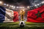 Drapeaux France et Maroc avec le trophee de la Coupe du Monde avant le quart de finale