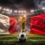 Drapeaux France et Maroc avec le trophee de la Coupe du Monde avant le quart de finale