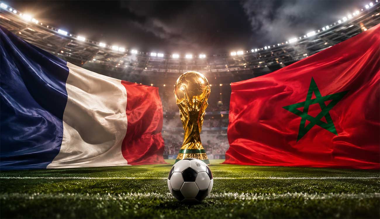 Drapeaux France et Maroc avec le trophee de la Coupe du Monde avant le quart de finale