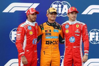Norris, Hamilton et Leclerc en parc ferme apres les qualifications du GP de Hongrie 2026