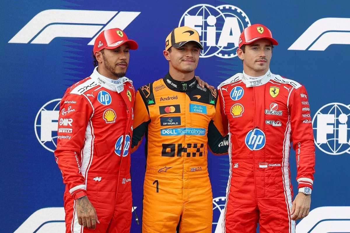 Norris, Hamilton et Leclerc en parc ferme apres les qualifications du GP de Hongrie 2026