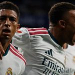 Bellingham et Mbappé célèbrent un but lors de Real Madrid 4-0 Málaga en Liga