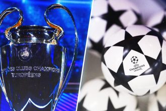 Trophée de la Ligue des champions et ballon officiel avant le tirage de la phase de ligue 2026-2027