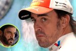 Fernando Alonso concentré dans le paddock, avec en médaillon le président de la FIA Mohammed Ben Sulayem, avant le GP d'Espagne 2026
