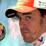 Fernando Alonso concentré dans le paddock, avec en médaillon le président de la FIA Mohammed Ben Sulayem, avant le GP d'Espagne 2026