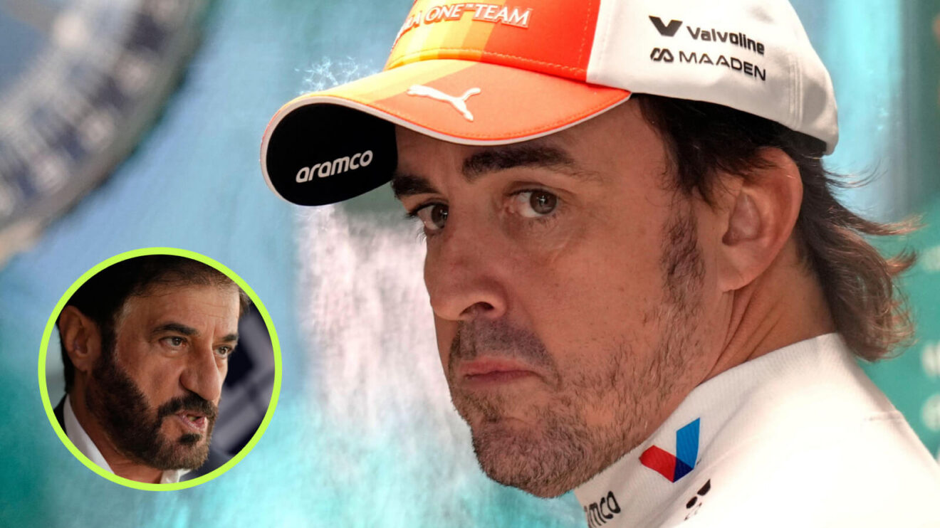 Fernando Alonso concentré dans le paddock, avec en médaillon le président de la FIA Mohammed Ben Sulayem, avant le GP d'Espagne 2026