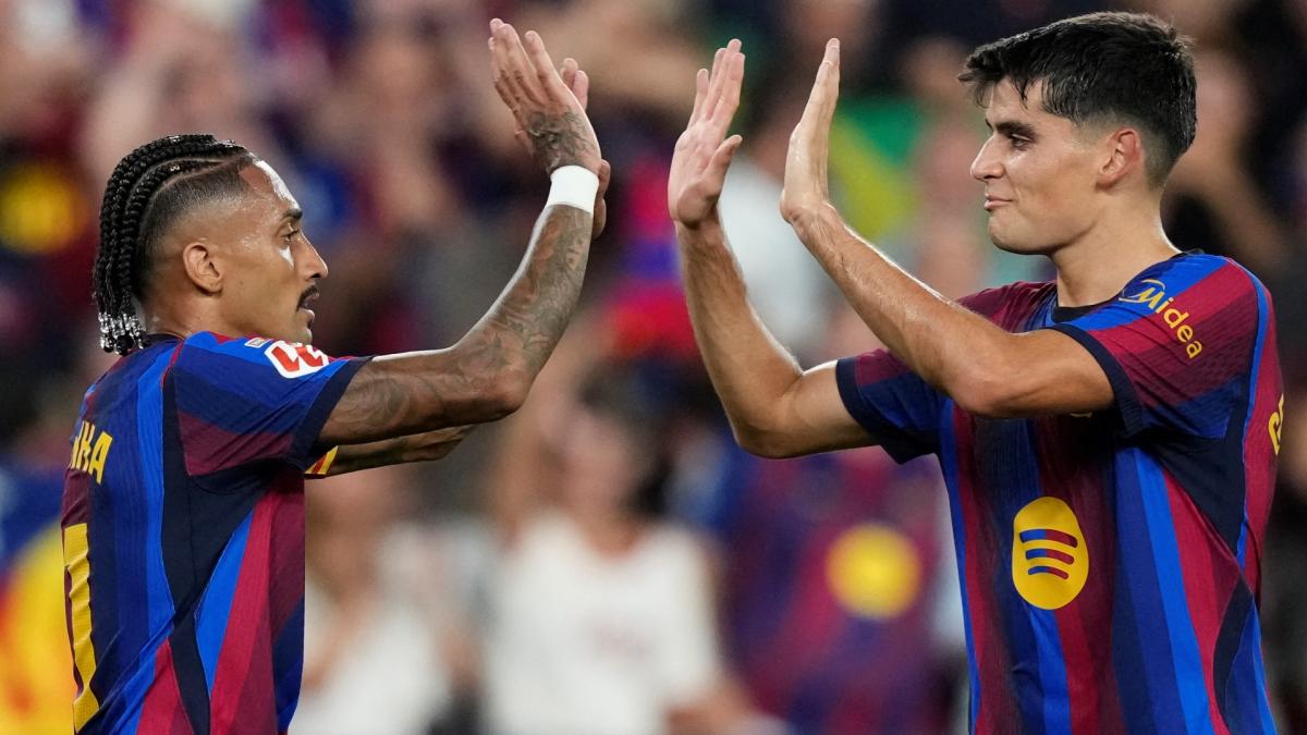 Raphinha célèbre un but du FC Barcelone face au Rayo Vallecano lors de la Jornada 3 de Liga 2026