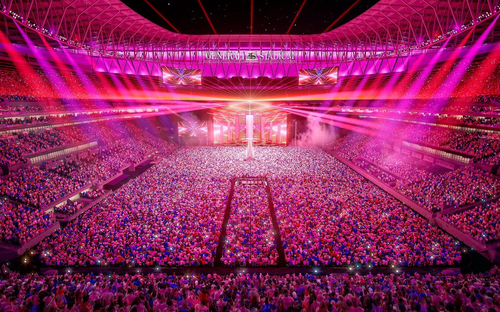 Rendu officiel du Generali Stadium en configuration concert, avec une scène installée sur la pelouse