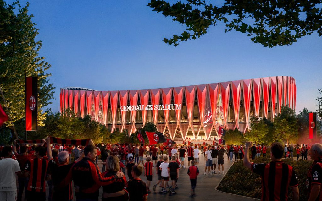 Rendu officiel du Generali Stadium illuminé de nuit, avec les supporters sur le parvis