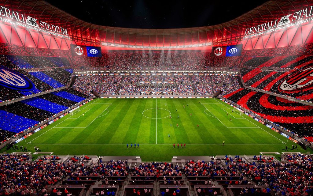 Rendu officiel de l’intérieur du Generali Stadium un soir de derby, avec tifos de l’Inter et de l’AC Milan dans les deux Curvas