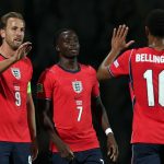 Harry Kane, Bukayo Saka et Jude Bellingham célèbrent un but lors de Croatie-Angleterre en Ligue des nations